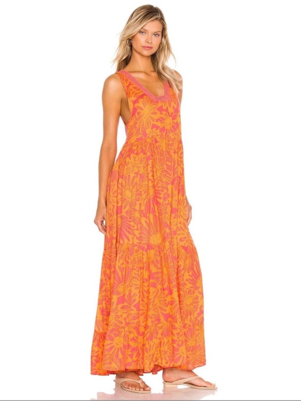 Intimately Free People Tiers For You Orange Floral Tiered Maxi Dress Women’s XS